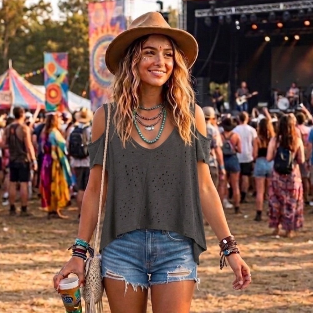 Dance & Marvel Charcoal Gray Distressed Cold Shoulder Crop Top V-Neck Small‎